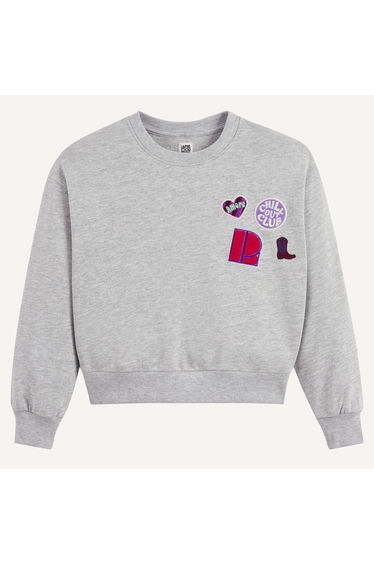 Fleece Crew Neck Sweatshirt with Embroidered Badges