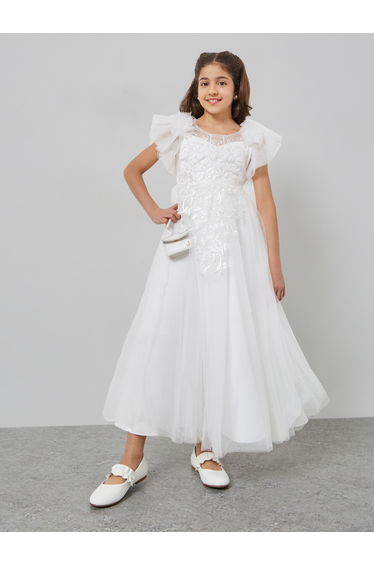 Girls Embroidered Lace Mesh Sleeve Dress