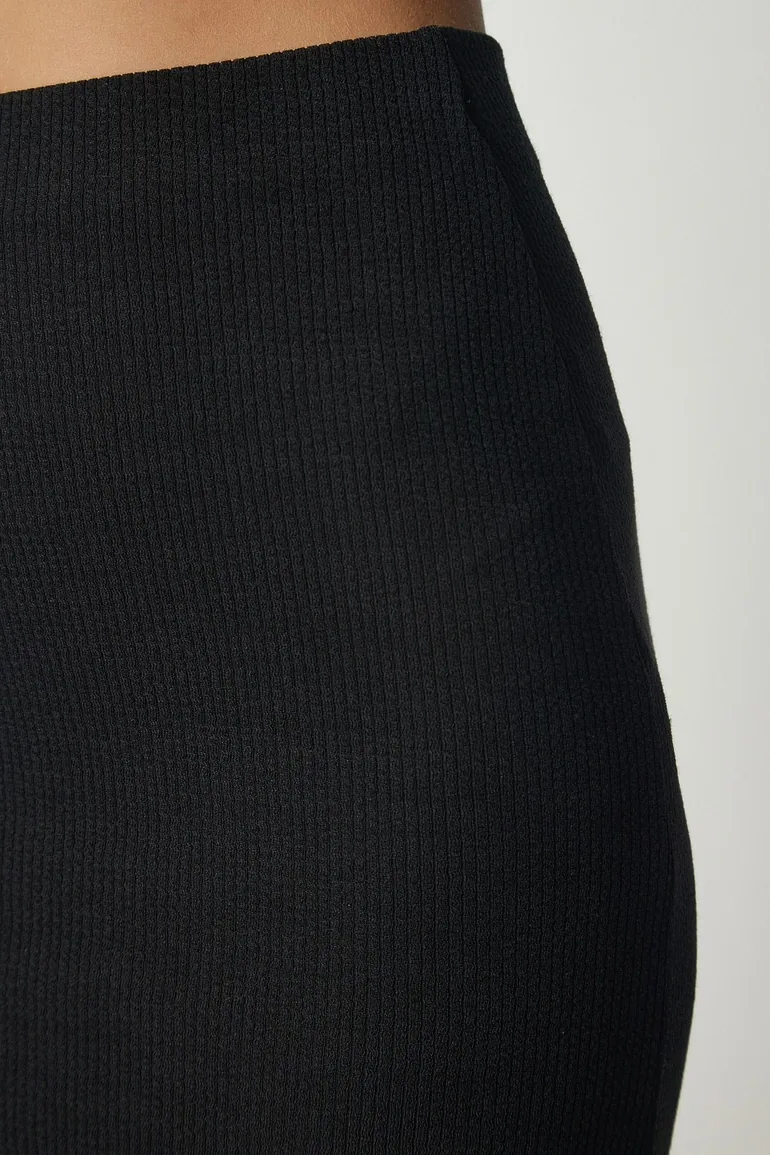 Women's Black Slit Corduroy Knitted Pencil Skirt - 5