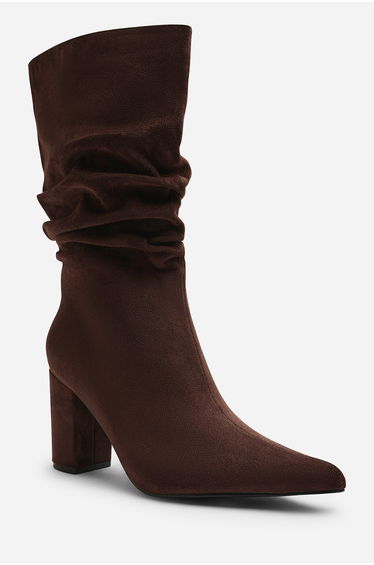 Lilyana Ruched Heeled Calf Boot In Brown Suede
