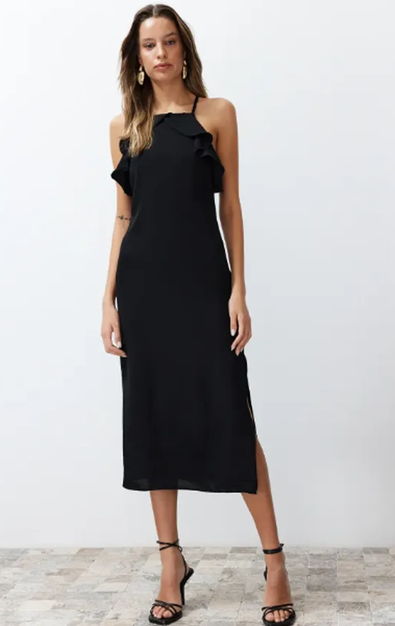 Shop Black Straight Cut Ruffle Detail Maxi Woven Dress Online in Oman