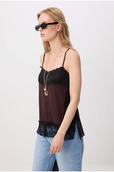 Brown Plain Regular Fit V-Neck Sleeveless Lace Detailed Tulle Knitted Blouse