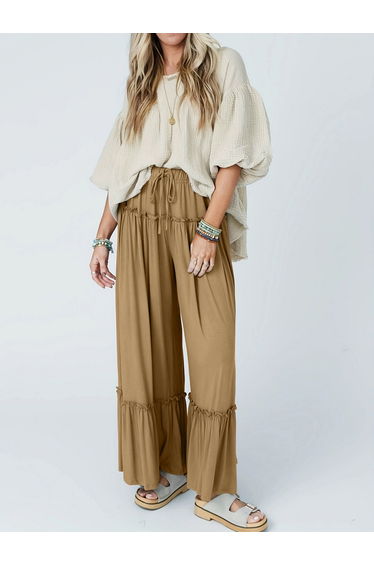 Beige Drawstring Waist Ruffle Detail Wide Leg Pants