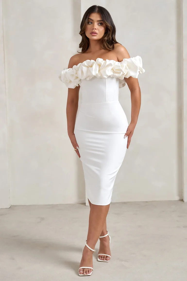 Estie | White Structured Statement Bardot Midi Dress - 2