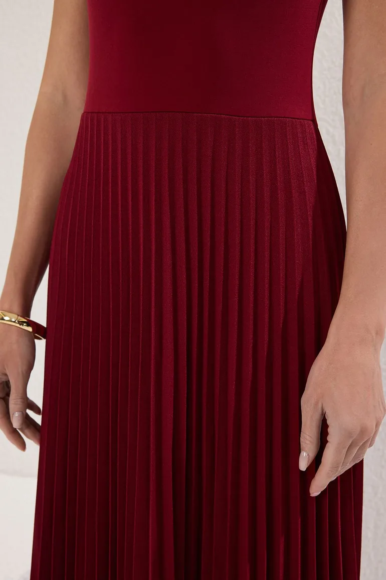 Burgundy Pleated Lined Sleeveless Stretch Knit Midi Dress - 2