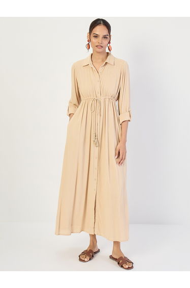 Women Beige Crinkled Button Down Maxi Dress