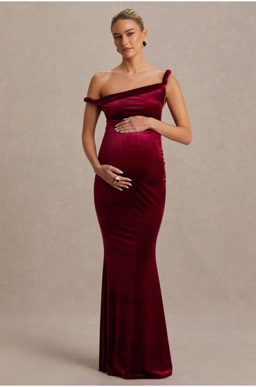 Tallulah | Burgundy Velvet Asymmetric-Neck Maternity Maxi Dress With Twist-Sleeve