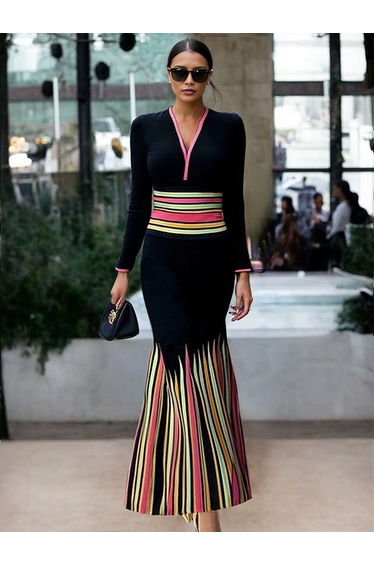 Long Sleeves Skinny Colorful Contrast Color Striped V-Neck Maxi Dresses