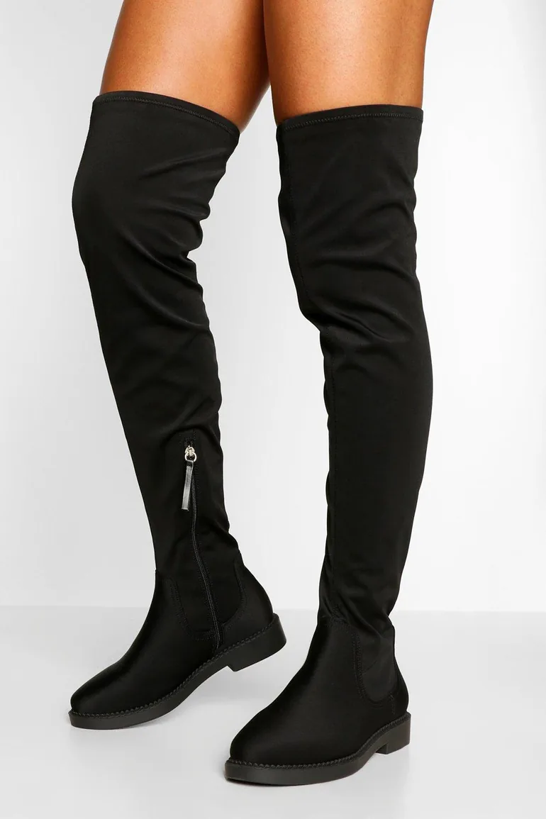 Wide Fit Flat Stretch Over The Knee Boot - black