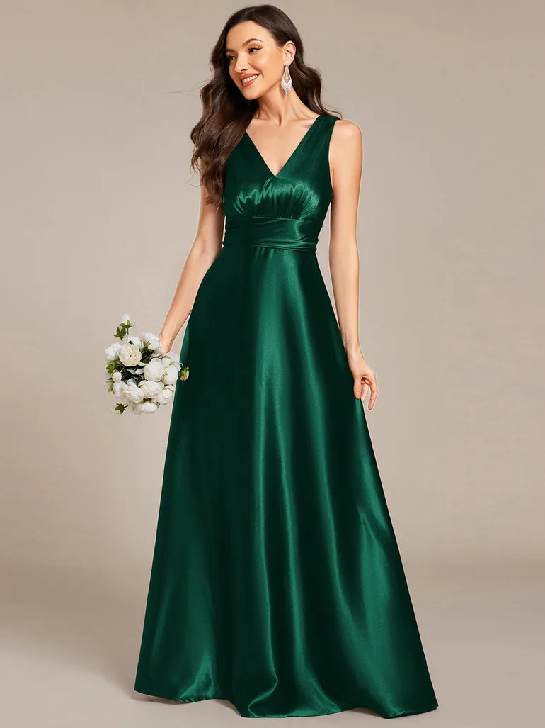 ever INDY|V-neck Empire Waist Satin Maxi Bridesmaid Dress with Pockets