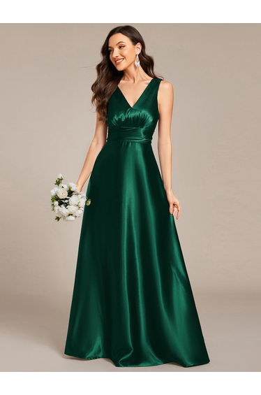 ever INDY|V-neck Empire Waist Satin Maxi Bridesmaid Dress with Pockets