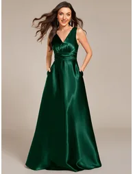 ever INDY|V-neck Empire Waist Satin Maxi Bridesmaid Dress with Pockets - 3
