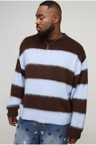 Plus Oversized Boxy Crew Neck Brushed Knit Chunky Stripe Jumper - chocolate