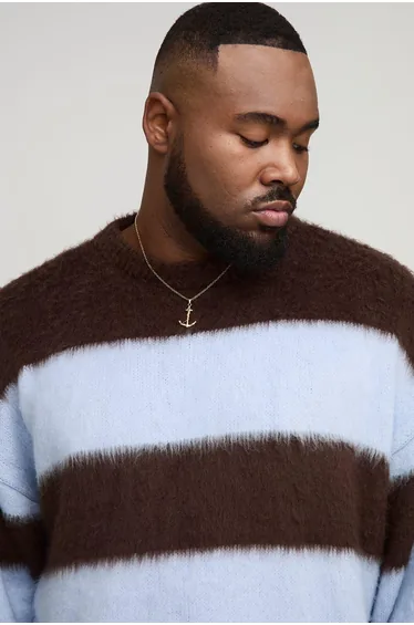 Plus Oversized Boxy Crew Neck Brushed Knit Chunky Stripe Jumper - chocolate