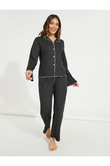 Contrast Binding Lettuce Trim Shirt and Pyjama Set