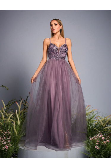 Leely Lavender Spaghetti Strap A-Line Tulle Prom Dress with Sequin Bodice