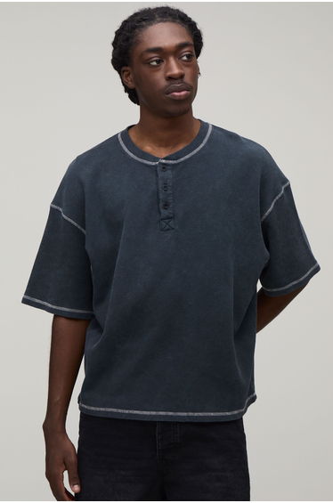 Oversized Boxy Acid Wash Waffle Henley T-Shirt - charcoal