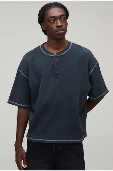 Oversized Boxy Acid Wash Waffle Henley T-Shirt - charcoal