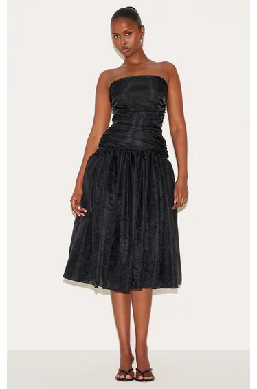Black Organza Ruched Bodice Midi Dress