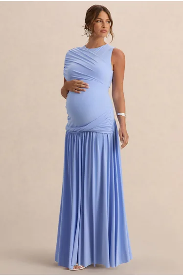 dropped waist maternity dress Juliette Powder Blue Bardot-Neck Maternity Maxi Dress With Drop-Wais – Club  L London main image 0