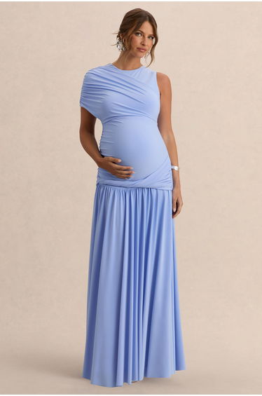 Naida | Light Blue Round-Neck Maternity Maxi Dress With Draped Detailing