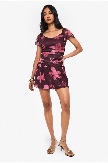 Floral Print Ruched Cap Sleeve Mini Dress - floral