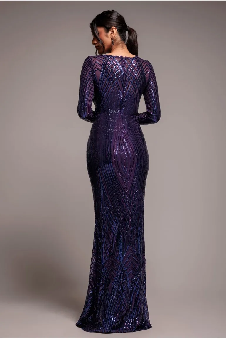 Goddiva Two Toned V Neck Sequin Maxi - Purple - 1