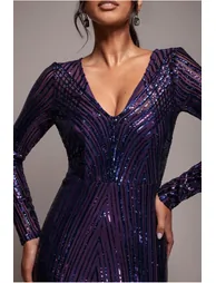 Goddiva Two Toned V Neck Sequin Maxi - Purple - 2