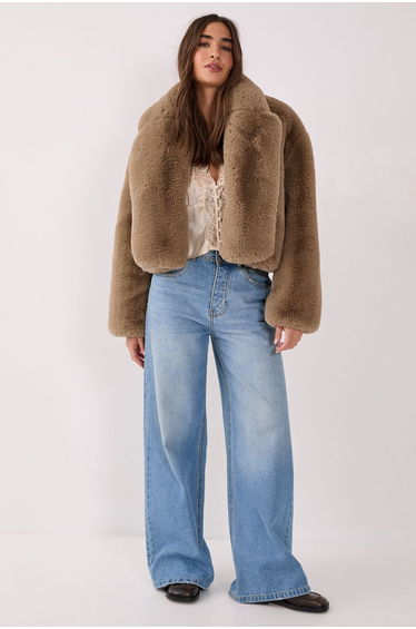Cropped Collar Faux Fur Jacket