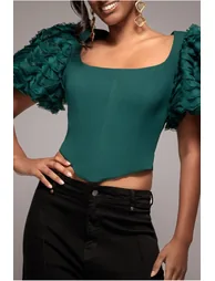 3D Textured Sleeve Scuba Corset Top - Emerald Green by Goddiva - 2