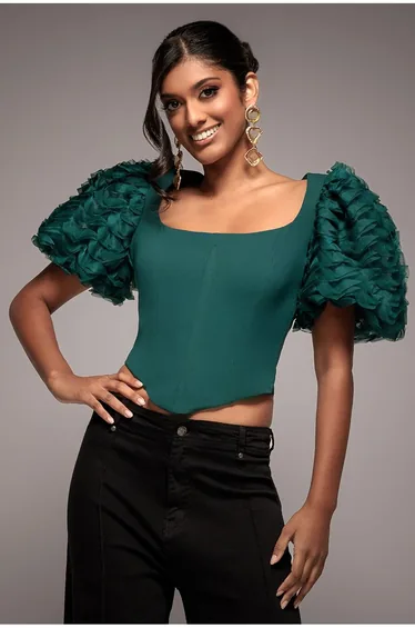 3D Textured Sleeve Scuba Corset Top - Emerald Green by Goddiva