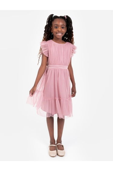 Mini Anaya Recycled Blush Pink Flutter Sleeve Midi Dress with Bow Detail
