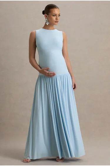 Outline | Powder Blue Maternity Maxi Dress With Draped Skirt