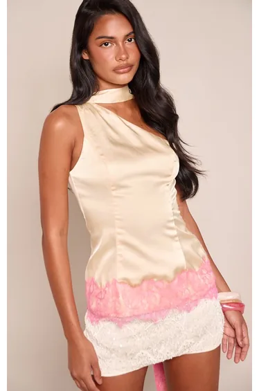 Lemon Lace Contrast Satin Scarf Detail Top