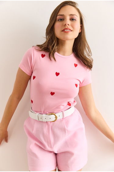 Women's Pink Heart Embroidered Crop Lycra Cotton T-Shirt