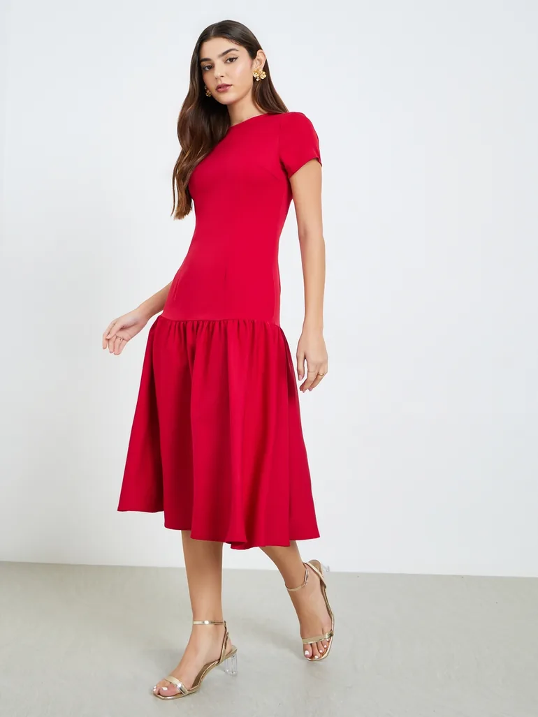 red a line midi dress MIA + FLOWER feminine charm Red A-Line Pleated Button Midi