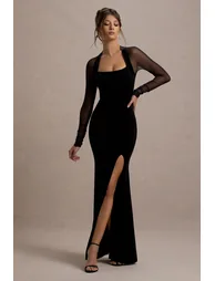 Club L London Black Velvet Bodycon Evening Dress with Long Sleeves