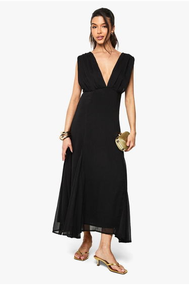 Chiffon Angel Sleeve Split Detail Maxi Dress - black