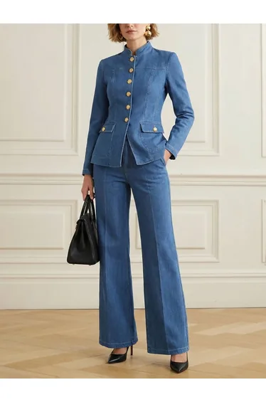 Long Sleeves Buttoned Pockets Solid Color Stand Collar Outerwear