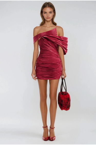 Daniella One Shoulder Asymmetric Ruch Mini Dress
