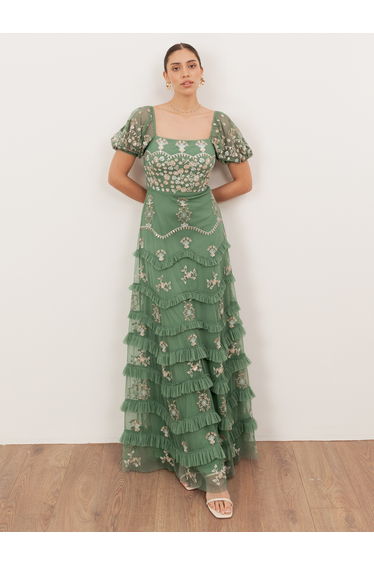 Maya Green Embroidered Square Neck Puff Sleeve Maxi Dress