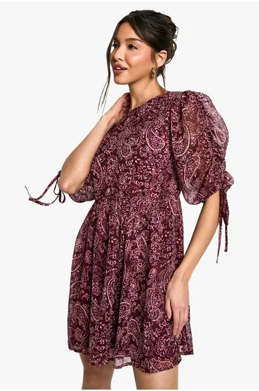 Paisley Ruched Sleeve Mini Dress