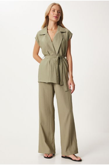 Women's Green Belted Vest Palazzo Knitted Suit