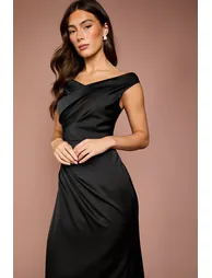 Satin Bardot Maxi Dress with Waist Ruching Detail - 1