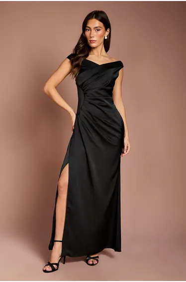Satin Bardot Maxi Dress with Waist Ruching Detail