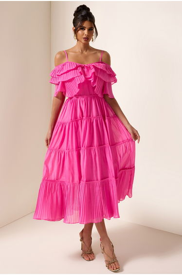 Victorine Ruffle Pleat Midi Dress in Pink