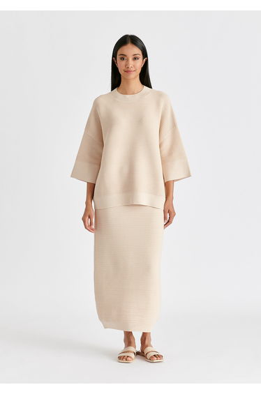 Mock Neck Cropped Sleeve Ribbed Jumper