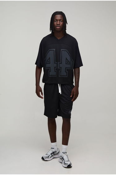 Oversized Boxy Mesh Batwing 44 Hockey Top and Short Set - black