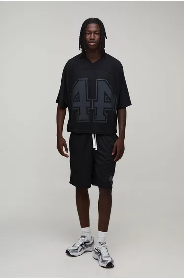 Oversized Boxy Mesh Batwing 44 Hockey Top and Short Set - black