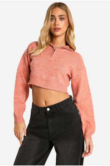 Soft Knit Half Zip Crop Jumper - coral